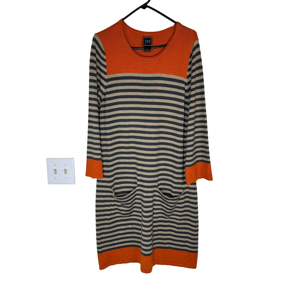 JH‎ Sweater Dress Womens Large Orange Striped Colorblock Knit Pocket Shift